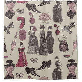 victorian era fashion women toile beige shower curtain