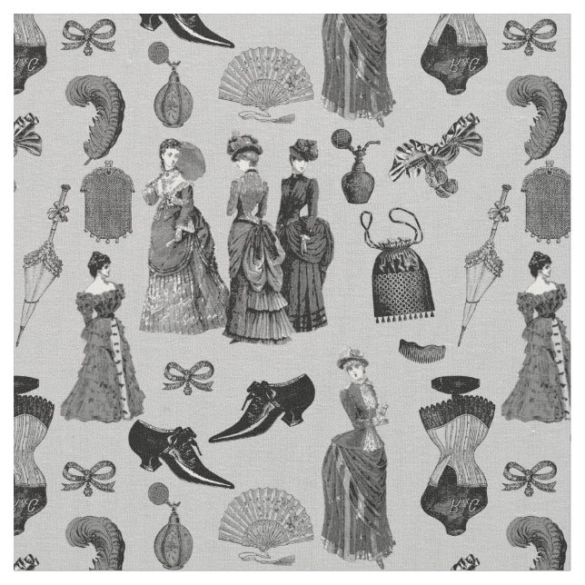 victorian era fashion women toile black white fabric (Close Up)
