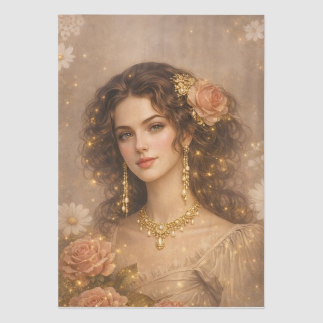 Victorian Era Lady Golden Rose Portrait Style Tissue Paper (Front)