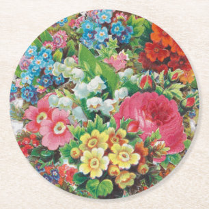 Victorian Era Valentine's Card, Floral Bouquet Round Paper Coaster