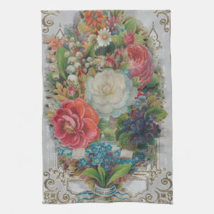Victorian Era Valentine's Card, Floral Bouquet Tea Towel