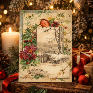 Victorian Era Winter Scene Bird Flowers Christmas Holiday Card