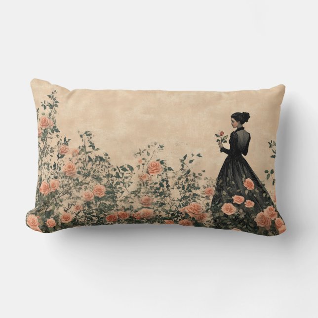 Victorian Era Woman in Rose Garden Pillow (Front)