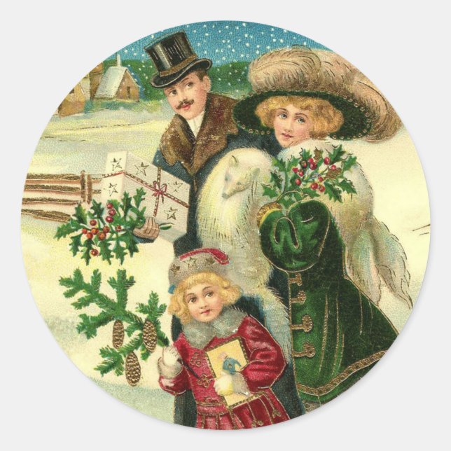 Victorian family in the snow Christmas scene Classic Round Sticker (Front)