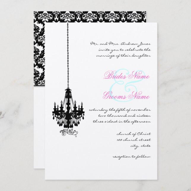 Victorian Farmhouse Chandelier Damask Wedding Invitation (Front/Back)