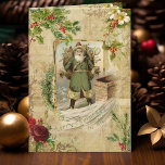 Victorian Father Christmas Floral Ephemera<br><div class="desc">Richly elegant Christmas composition featuring old world green-robed Father Christmas framed by vintage holly,  roses,  dog roses and pine with ornate gold flourishes on distressed sepia background.</div>