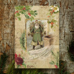 Victorian Father Christmas Floral Ephemera  Holiday Card<br><div class="desc">Richly elegant Christmas composition featuring old world green-robed Father Christmas framed by vintage holly,  roses,  dog roses and pine with ornate gold flourishes on distressed sepia background.</div>