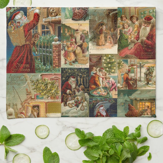 Victorian Father Christmas with Children Collage Tea Towel (Folded)