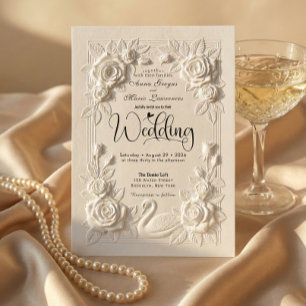 Victorian Faux Embossed Swan & Rose Wedding Invitation