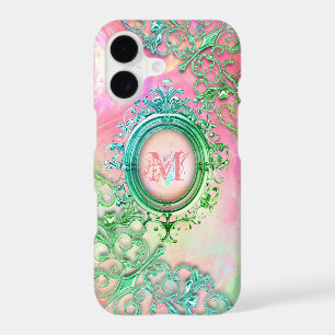 Victorian filigree opal look pink teal elegant