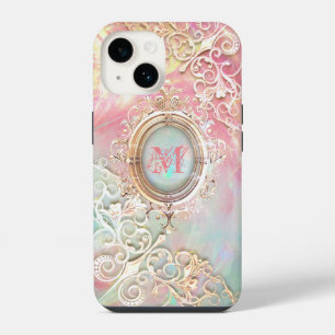 Victorian filigree opal look pink teal gold iPhone 14 case