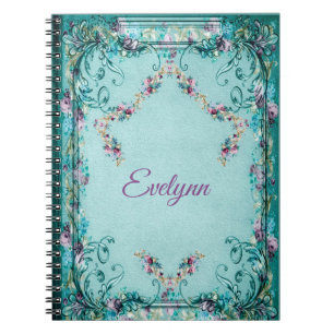 Victorian floral and scroll elegant teal purple notebook