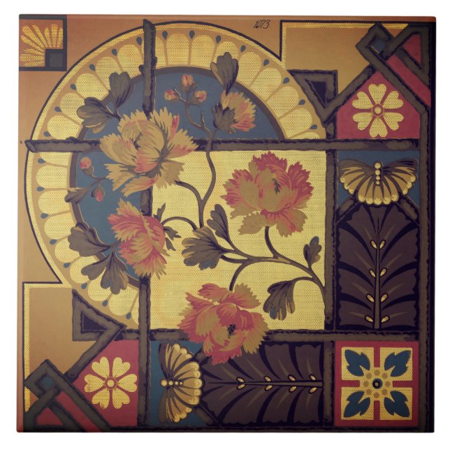 Victorian floral arts and craft blue brown red tile (Front)