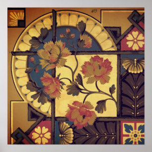 Victorian floral arts and crafts red blue brown poster