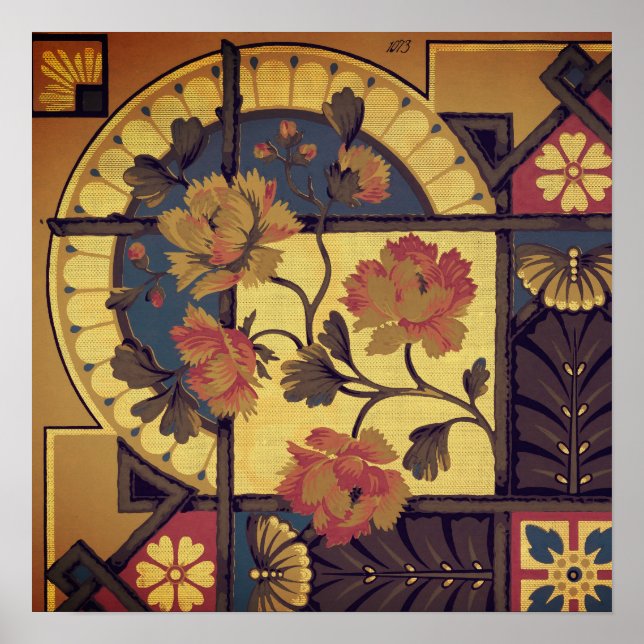 Victorian floral arts and crafts red blue brown poster (Front)