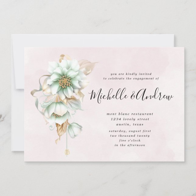 victorian floral blush pink engagement invitation (Front)
