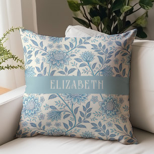 Victorian Floral Chintz Monogram Name Blue Cushion