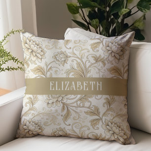 Victorian Floral Chintz Monogram Name Ivory Gold Cushion