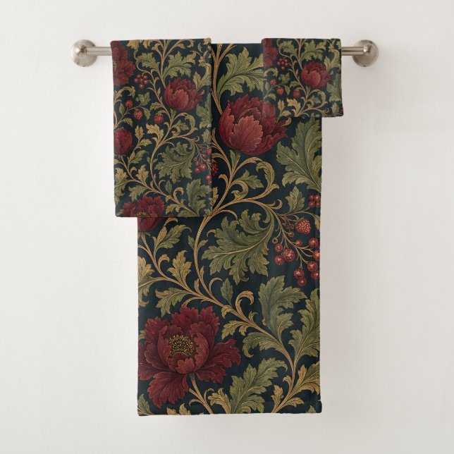 Victorian Floral Dark Damask Pattern Bath Towel Set (Insitu)