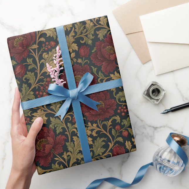Victorian Floral Dark Damask Pattern Wrapping Paper (Gifting)