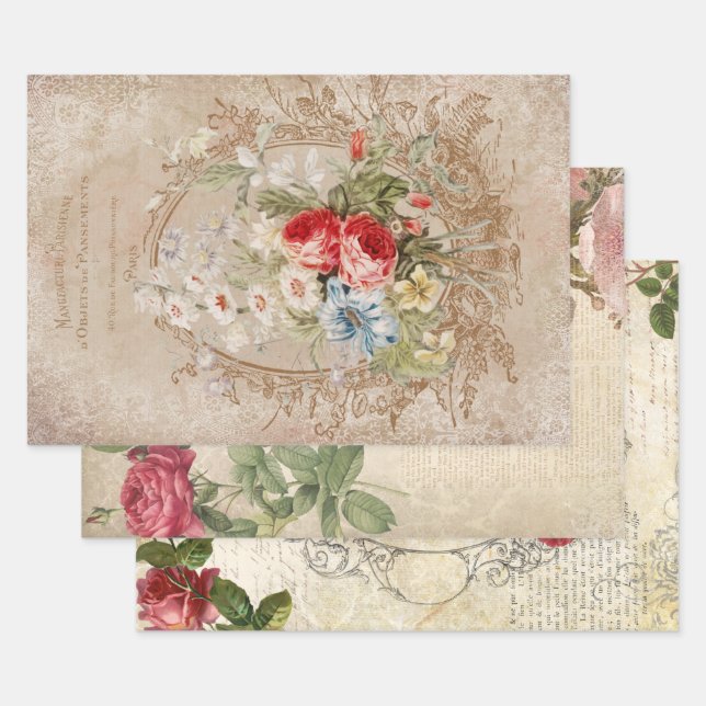 Victorian Floral Ephemera Decoupage Wrapping Paper Sheet (Set)