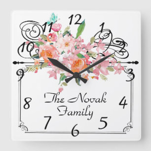 Victorian floral hanging sign wedding square wall clock