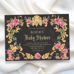 Victorian floral ornate gold baby shower invitation