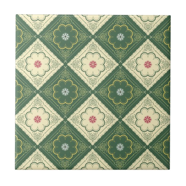 VIctorian Floral Pattern - Ivory and Green Tile (Front)