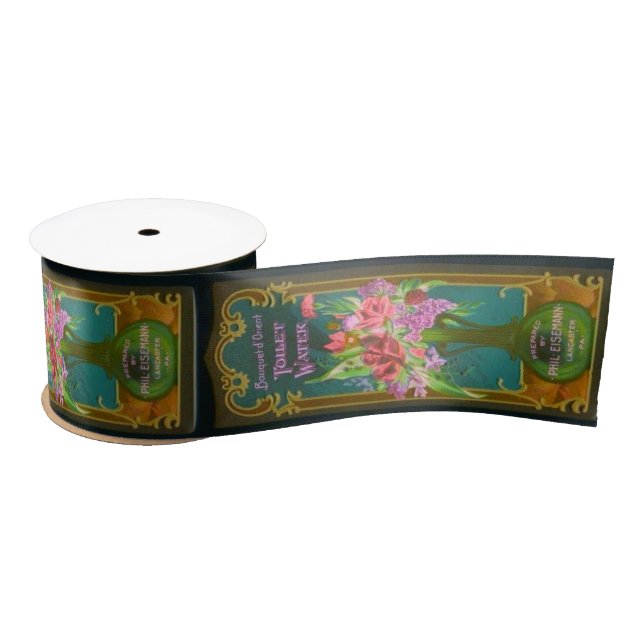 Victorian floral perfume label flower vase satin ribbon (Spool)