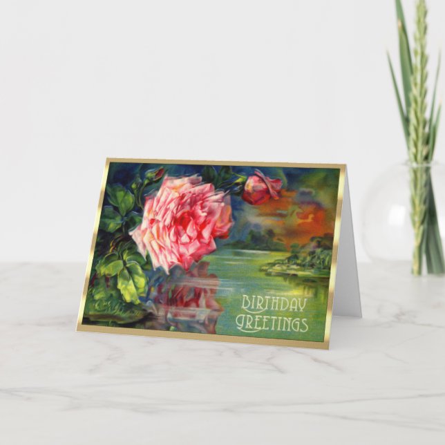 Victorian Floral Pink Rose Lake Scene Birthday Card (Front)