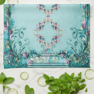 Victorian floral Rose flowers and scroll elegant Tea Towel