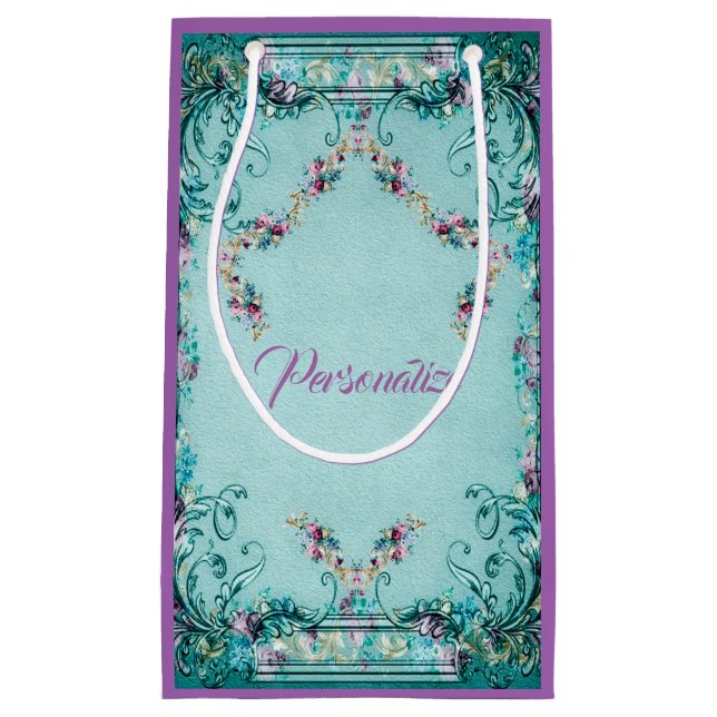 Victorian floral Rose scroll elegant teal purple  Small Gift Bag (Front)