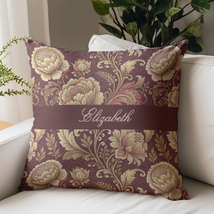 Victorian Floral Script Monogram Name Burgundy Cushion