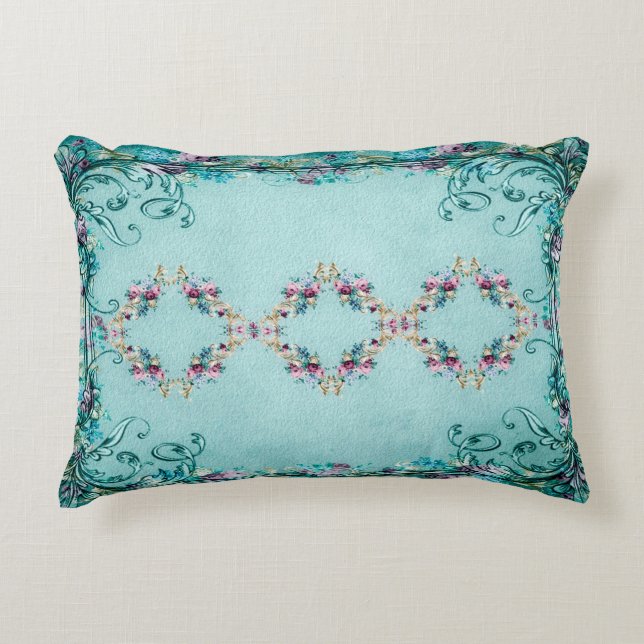 Victorian floral scroll elegant teal pink purple  decorative cushion (Front)