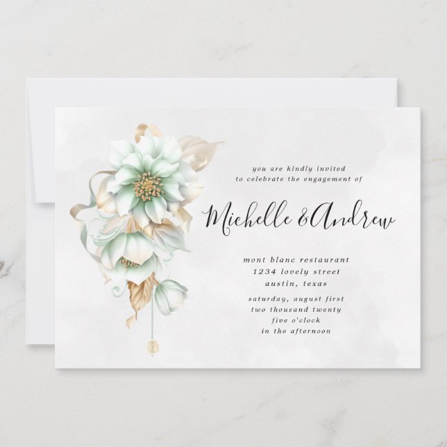 victorian floral soft grey engagement invitation (Front)