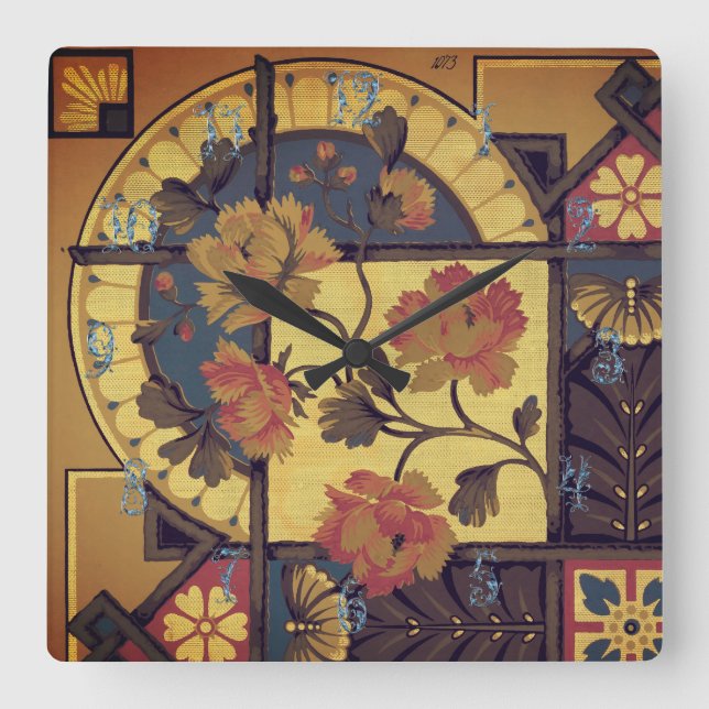 Victorian floral wallpaper frieze blue brown red square wall clock (Front)