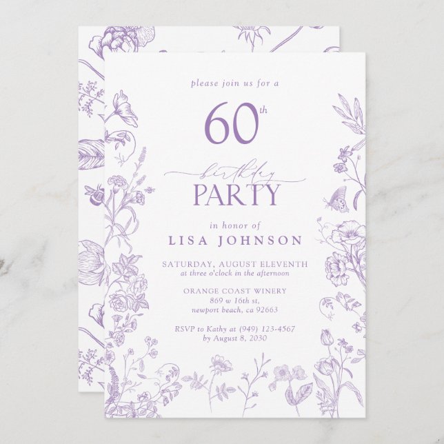 Victorian Flowers 60th Birthday Party Lilac Script Invitation (Front/Back)