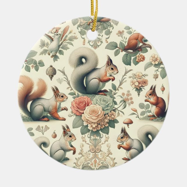 Victorian Forest Squirrel Tapestry  Ceramic Tree Decoration (Front)