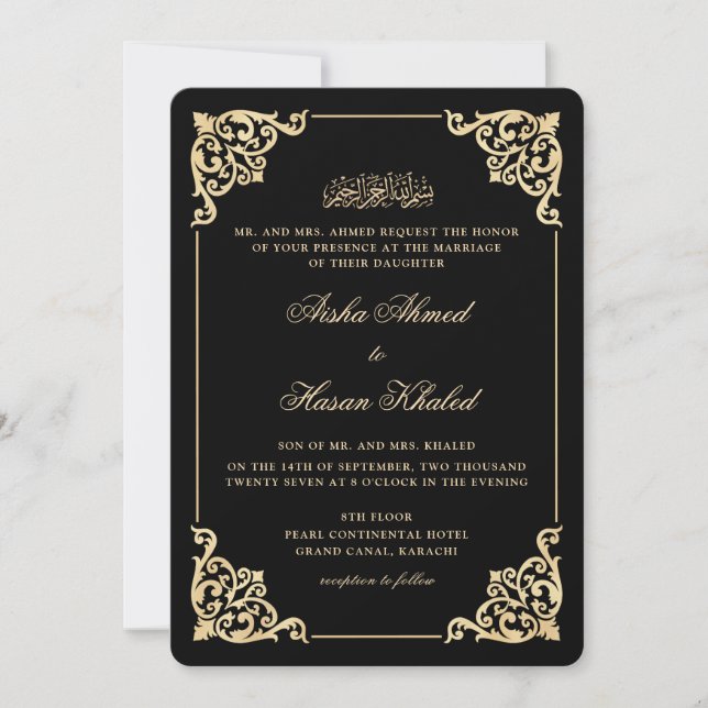 Victorian Frame Gold Black Romantic Muslim Wedding Invitation (Front)