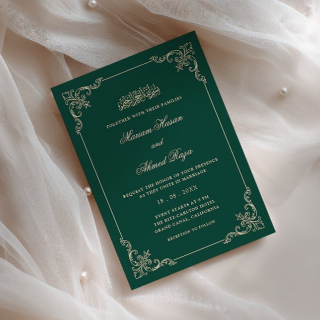 Victorian Frame Gold Emerald Green Muslim Wedding Invitation (Creator Uploaded)