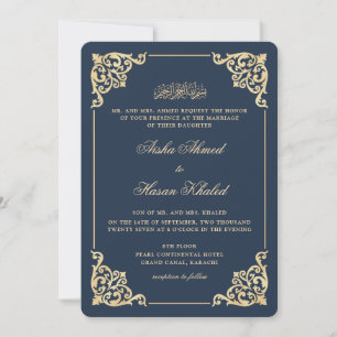 Victorian Frame Navy Blue Gold Muslim Wedding Invitation
