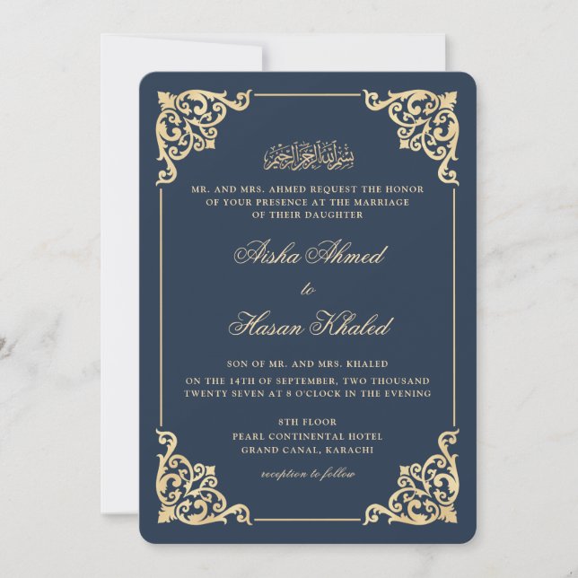 Victorian Frame Navy Blue Gold Muslim Wedding Invitation (Front)