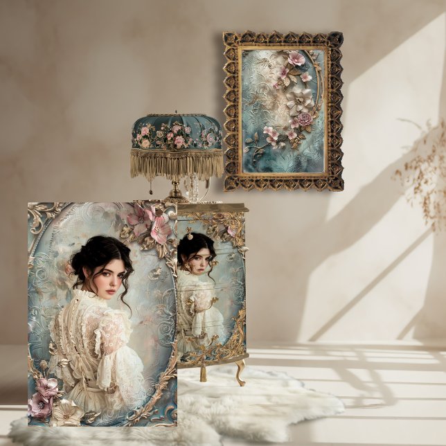 Victorian, French Beautiful Woman Portrait Art Tissue Paper (French Victorian Romantic Portrait Art, Vintage Floral Baroque Furniture Decoupage Tissue Paper)