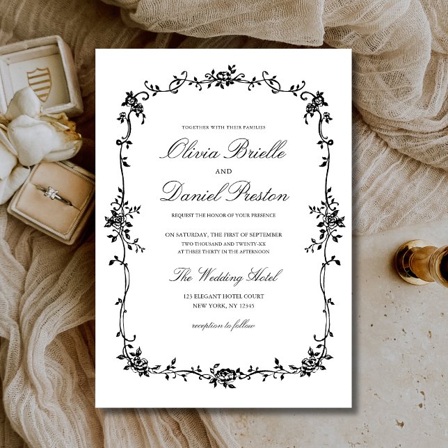 Victorian French Black Floral Elegant Wedding Invitation (Creator Uploaded)