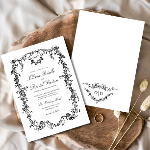 Victorian French Black Floral Wedding Monogram Invitation