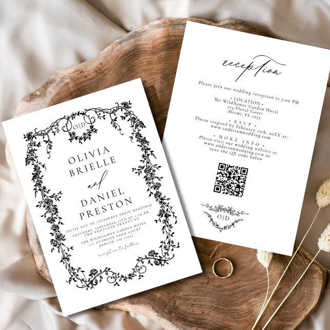 Victorian French Black QR Code All In One Wedding Invitation (Creator Uploaded)
