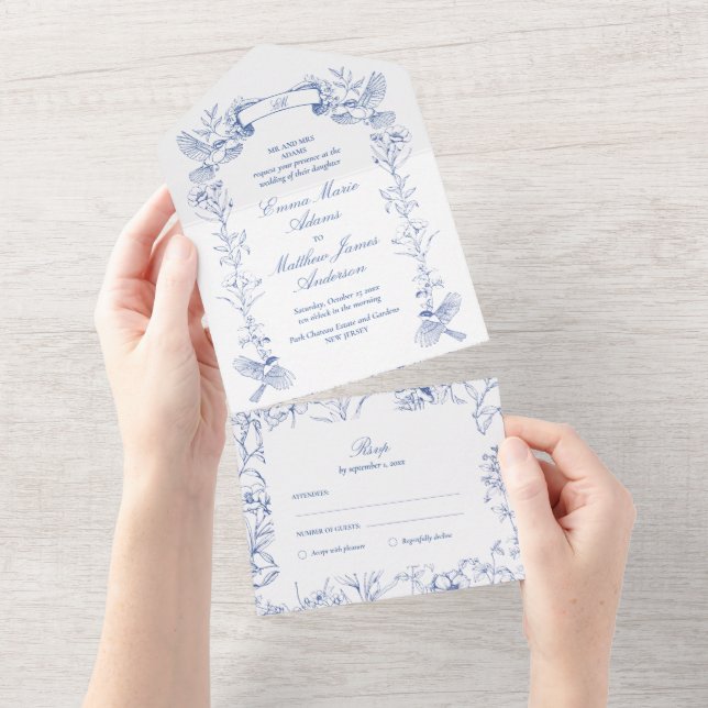 Victorian French Blue Botanical Birds Wedding All In One Invitation (Tearaway)