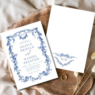 Victorian French Blue Floral Wedding Monogram Invitation