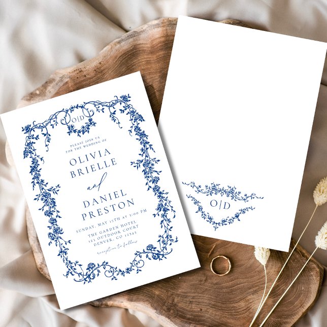 Victorian French Blue Floral Wedding Monogram Invitation (Creator Uploaded)