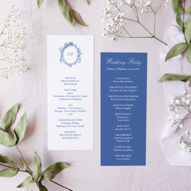 Victorian French Blue Toile Wedding Programme (White and blue sophisticated victorian wedding program - order of service)